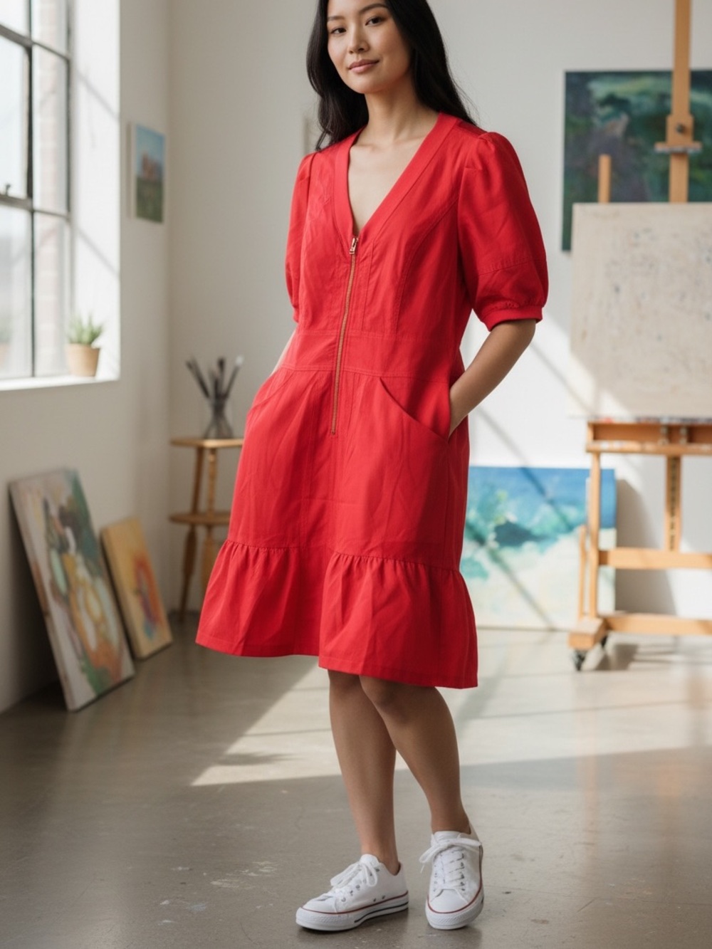 FISOEW Red Zip Front Puff Sleeve Dress NWT Size M